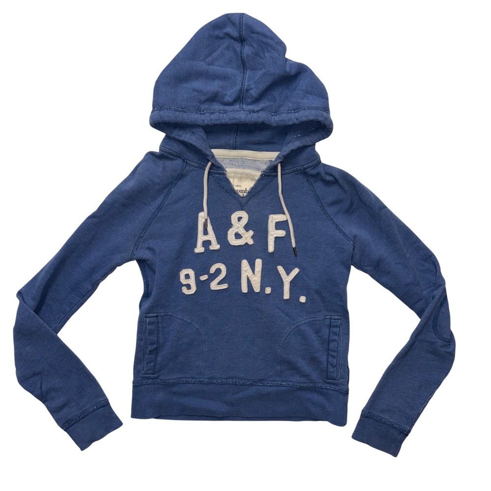 Abercrombie & Fitch Blue Pullover Hoodie A&F 9-2 NY Logo Elbow Patches Small